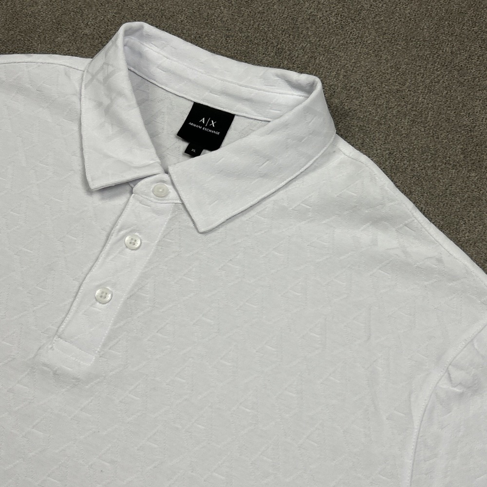 A|X Armani Exchange Polo Shirt Mens XL White All Over Logo Jacquard Preppy